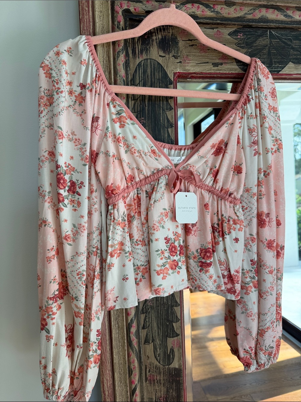 Altar'd State Blush Pink Floral Tie-Front Peasant Top - Picture 1 of 4